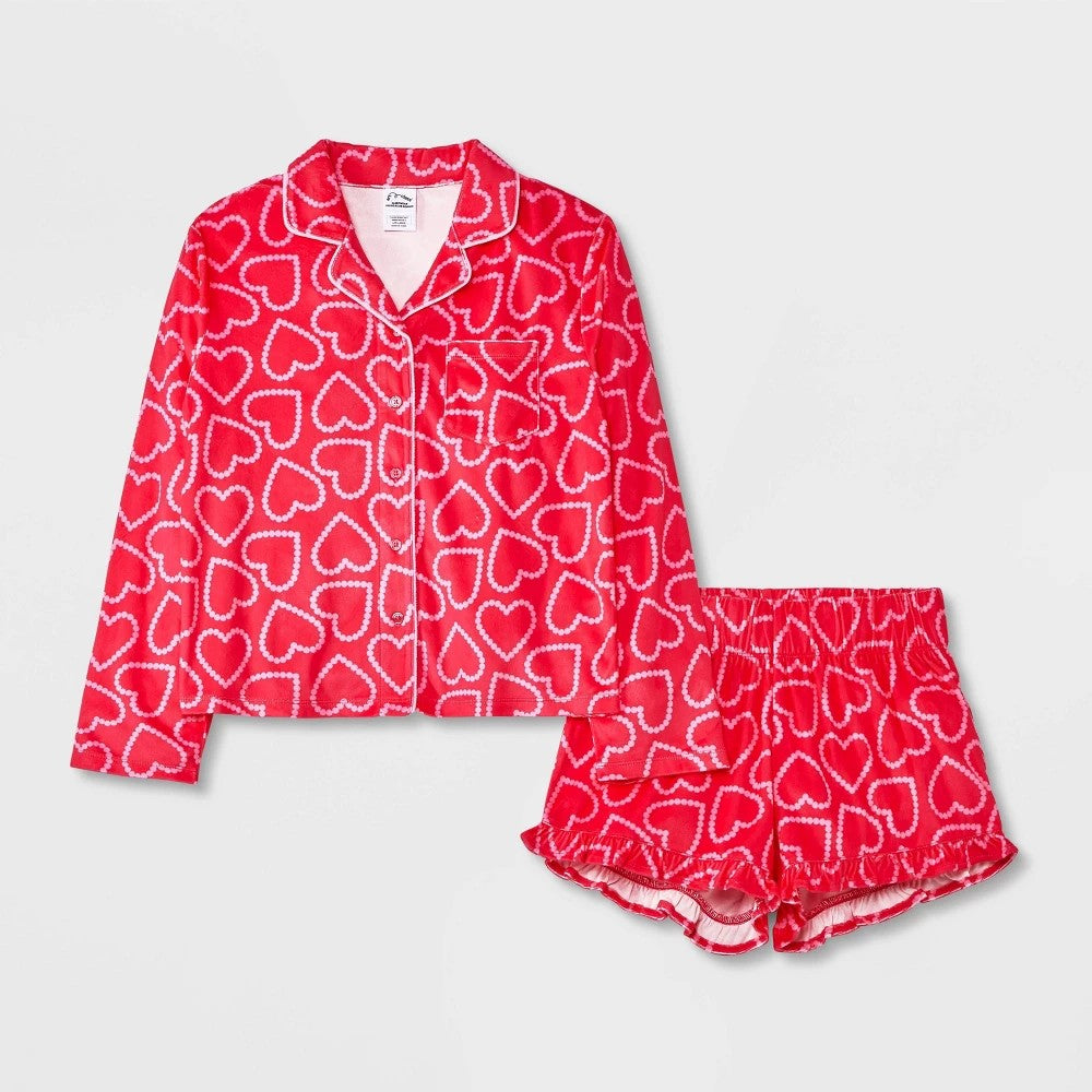 Girls' 2pc 'Hearts' Long Sleeve Coat Pajama Set - Pink XL