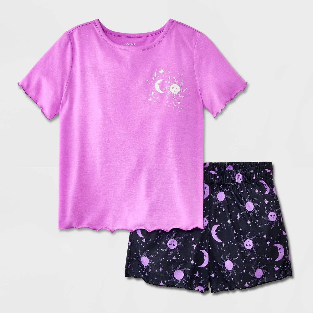 Girls' 2pc Moons Short Sleeve Pajama Set -  Purple S