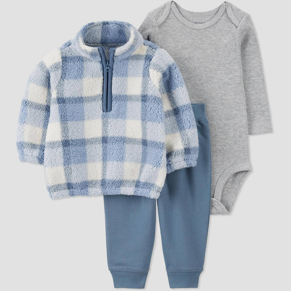 Baby Boys' 3pc Plaid Quarter Zip Top & Bottom Set - Blue 3M