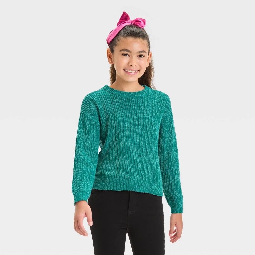 Girls' Pullover Chenille Sweater - Dark Green XL