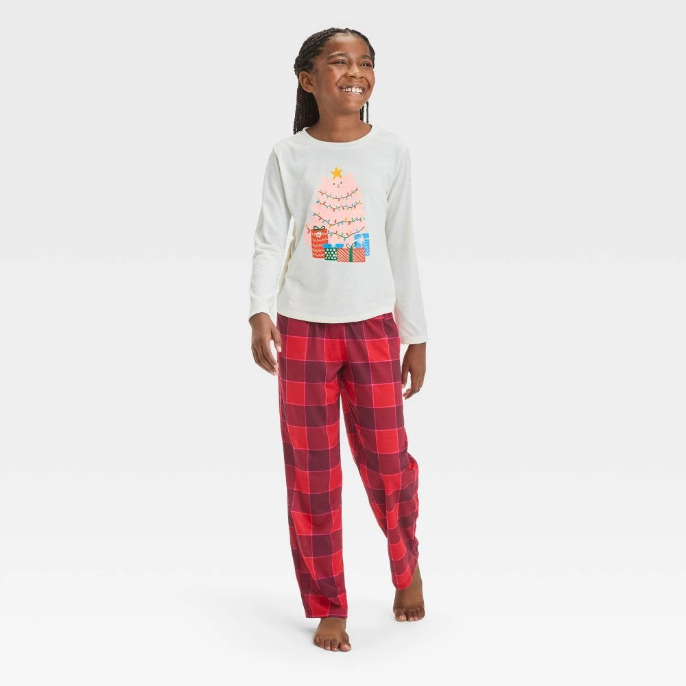 Girls' 2pc Christmas 'Holiday Cat' Long Sleeve Pajama Set -  Red/Cream XL