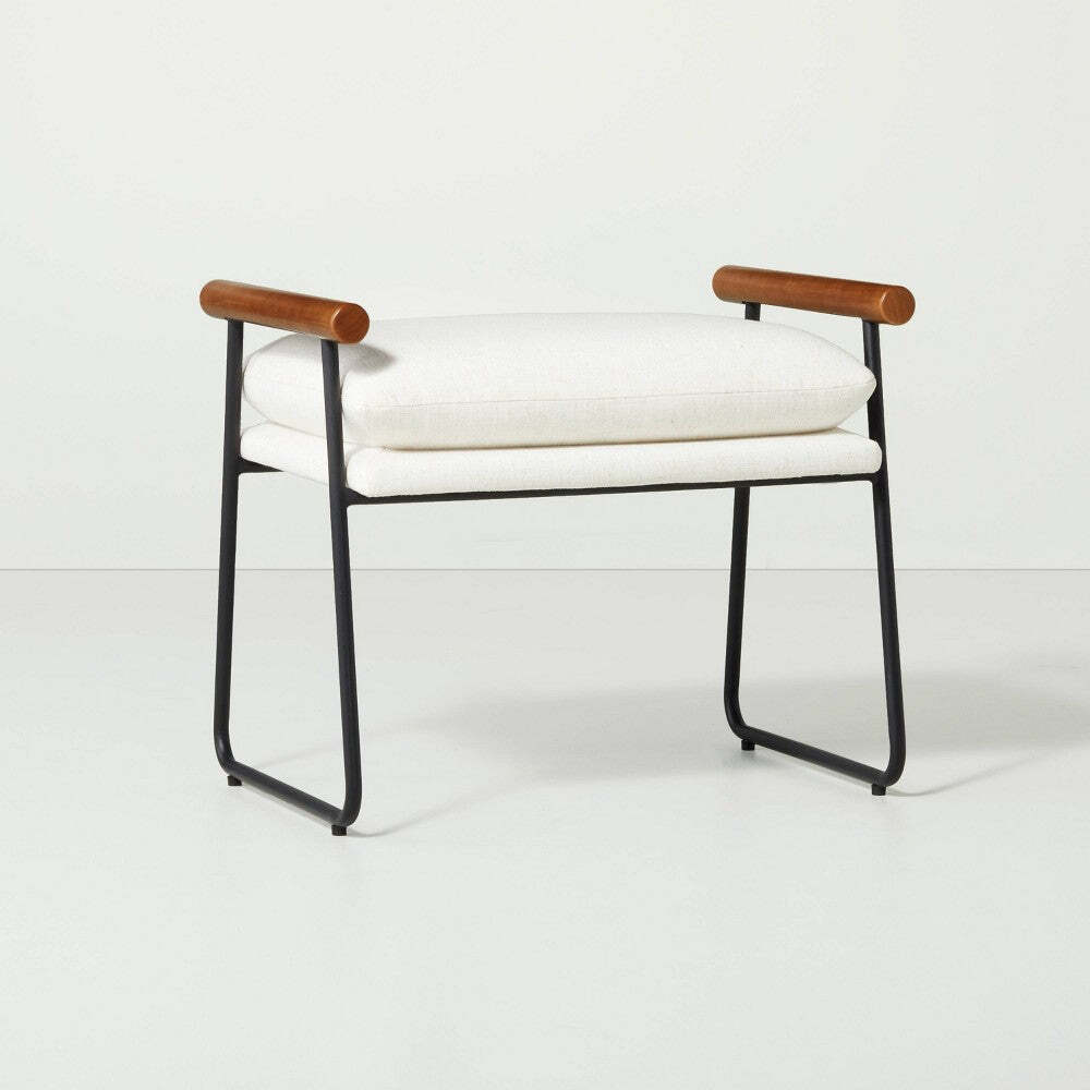 Cushioned Metal & Wood Ottoman - Cream/Black