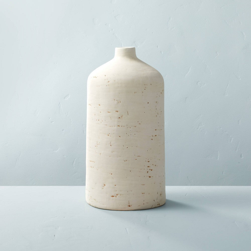 16" Distressed Ceramic Vase Natural Cream - Farmhouse Style, Bottle Shape, Tabletop Decor, Spot Clean