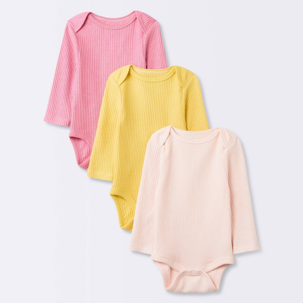 Baby Girls' 3pk Long Sleeve Waffle Bodysuit - Pink 0-3M