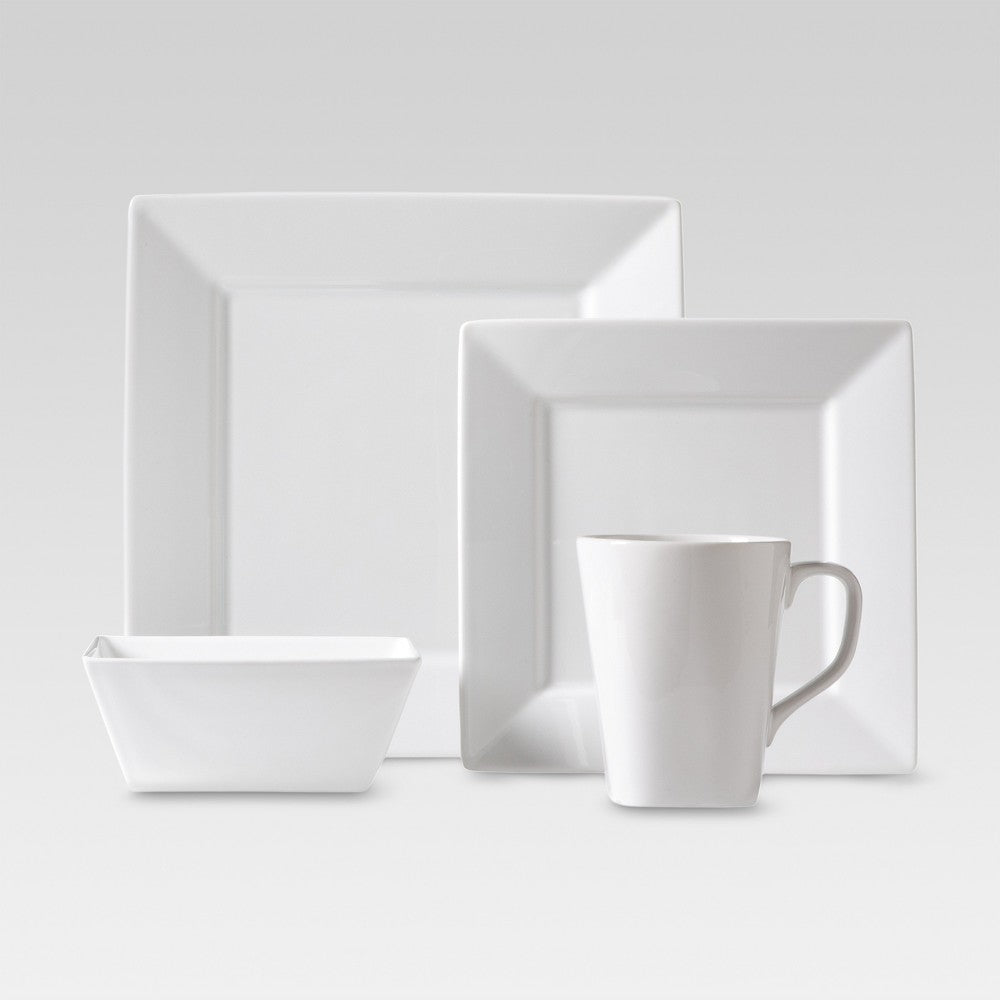 16pc Porcelain Square Dinnerware Set White -: Microwave & Dishwasher Safe, Service for 4, Traditional Style