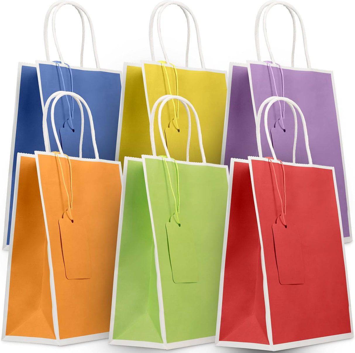 24 Gift Bags With Name Tags –Party Favor Bags With Handles & Stylish White Borders – Rainbow Goodie Bags Great for Birthday, Treat, Candy, – 6.5 x 3.5 x 8 Inch