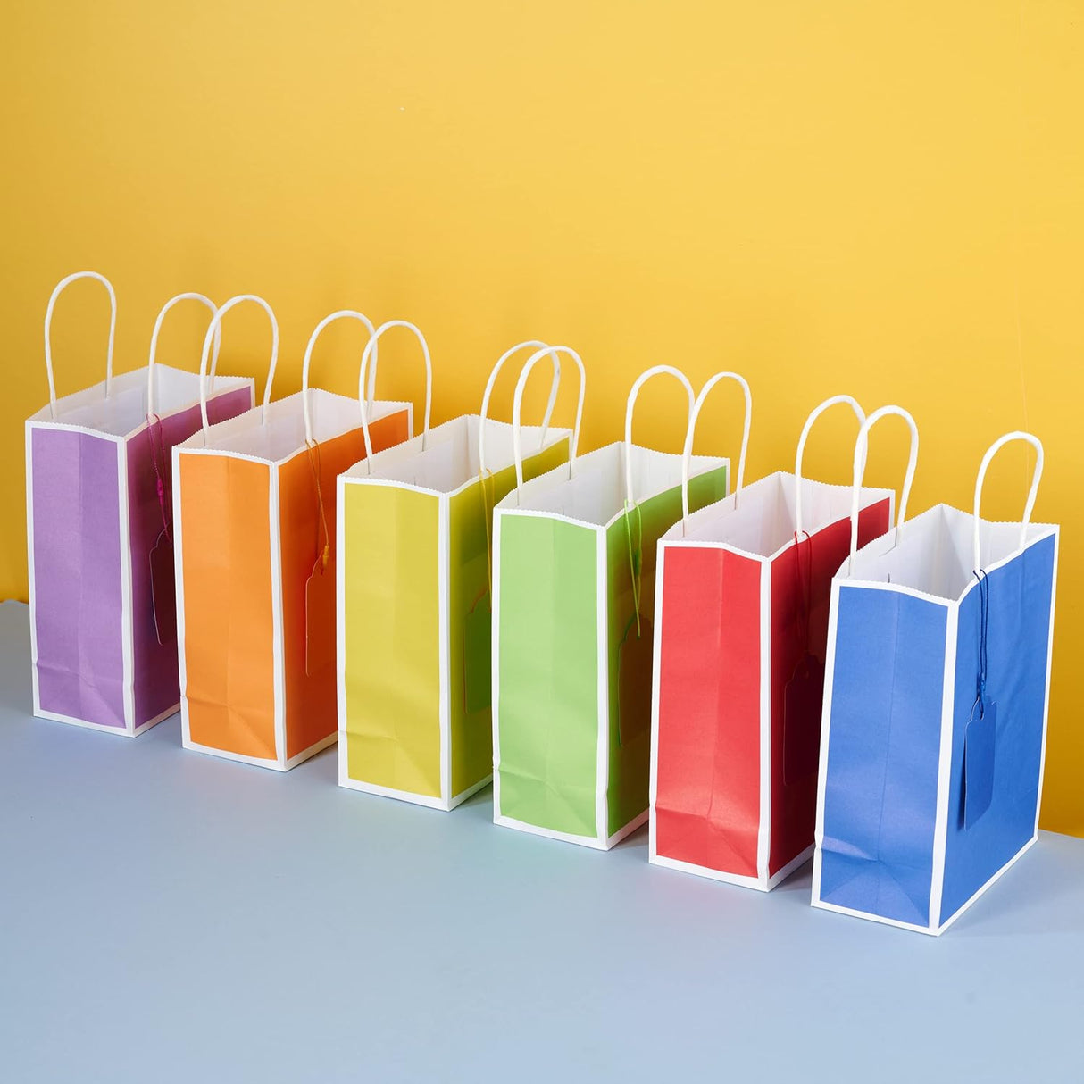 24 Gift Bags With Name Tags –Party Favor Bags With Handles & Stylish White Borders – Rainbow Goodie Bags Great for Birthday, Treat, Candy, – 6.5 x 3.5 x 8 Inch