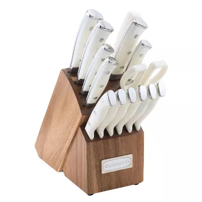 15pc White Triple Rivet Knife Block Set - C77WTR-15P2: High Carbon Stainless Steel, Ergonomic Handle