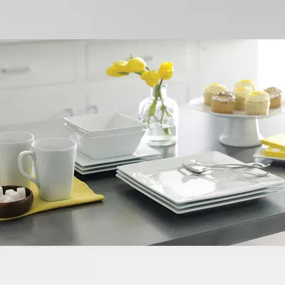 16pc Porcelain Square Dinnerware Set White -: Microwave & Dishwasher Safe, Service for 4, Traditional Style